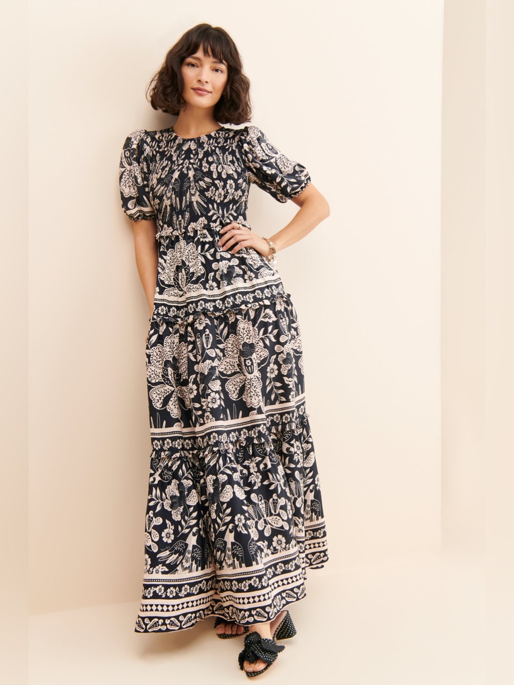NWT FARM RIO GRAPHIC FLORAL DOVES SIGNATURE BLACK CREAM MAXI PRAIRIE DRESS SZ XS